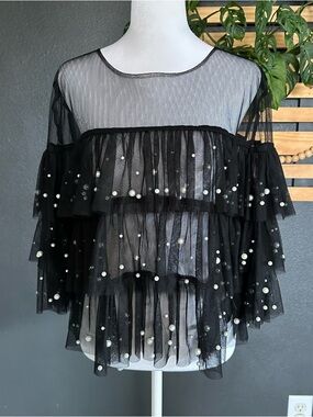 Paradiso Sheer Pearl Embellished Tulle Top Black Size Medium Romantic Ruffle